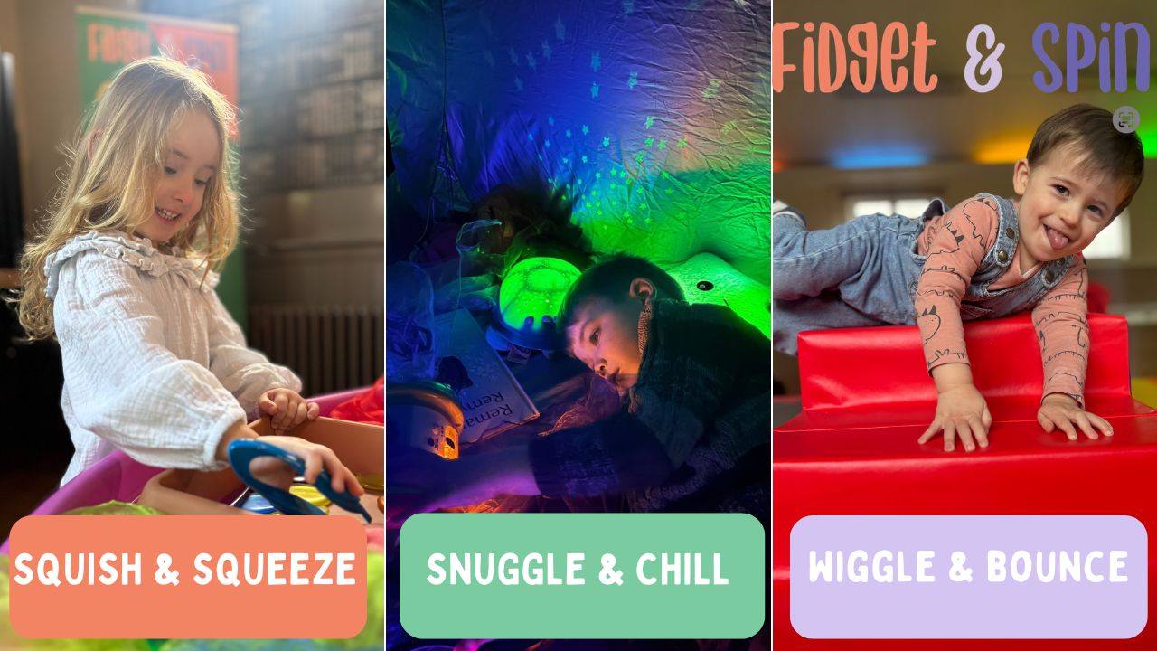 Children explore Fidget and Spin’s three sensory zones: Squish and Squeeze, Snuggle and Chill, and Wiggle and Bounce.