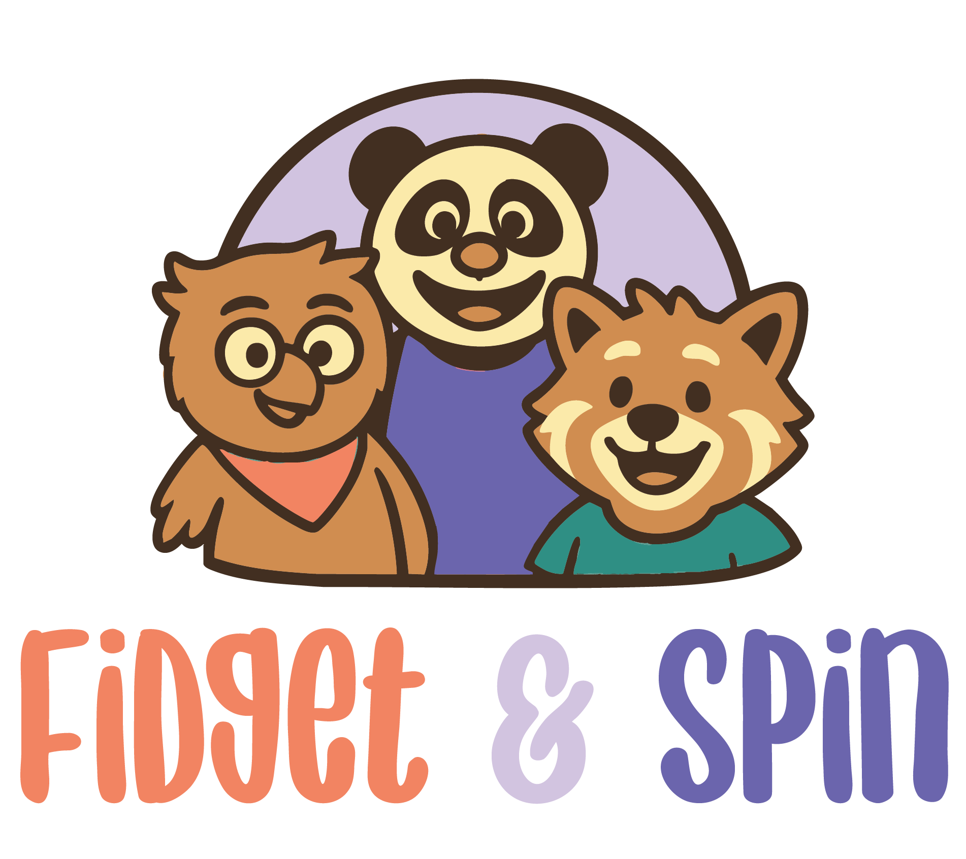Fidget and Spin logo featuring three smiling cartoon explorers: an owl, a panda and a red panda.